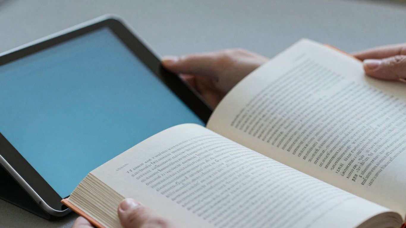 Mâini ținând o carte deschisă lângă o tabletă digitală.