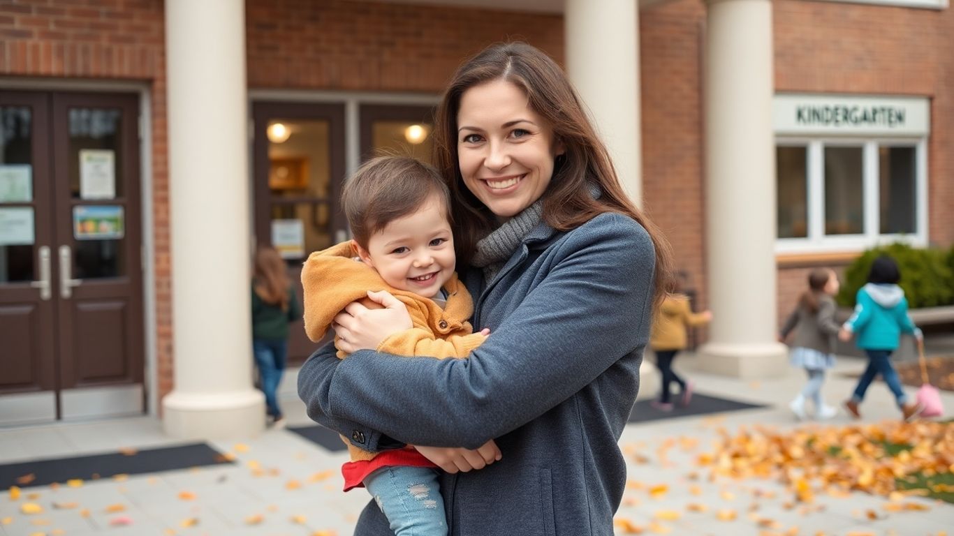 Mamă îmbrățișând copilul la poarta grădiniței.