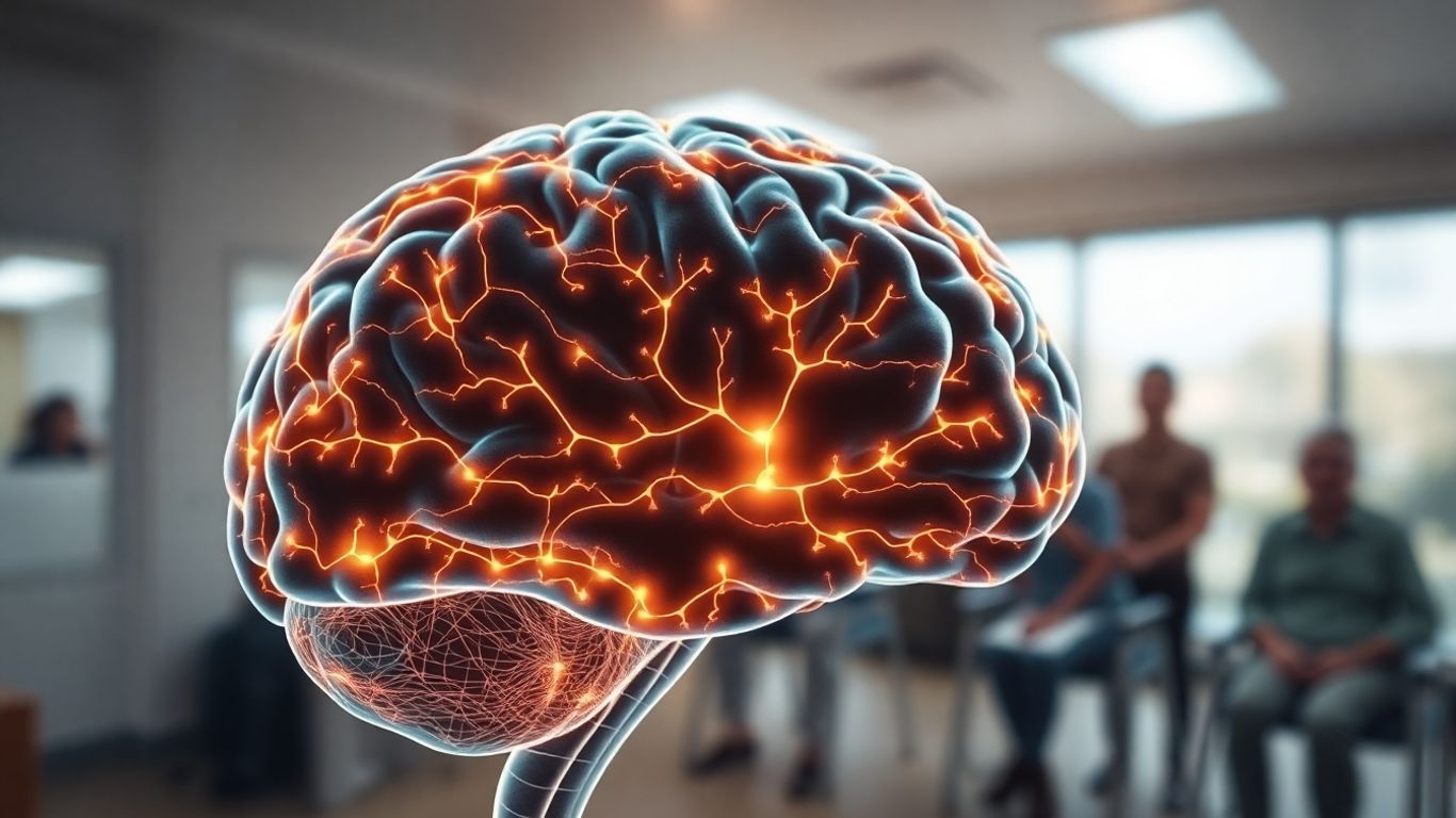 Brain scan with glowing pathways and rehabilitation figures.