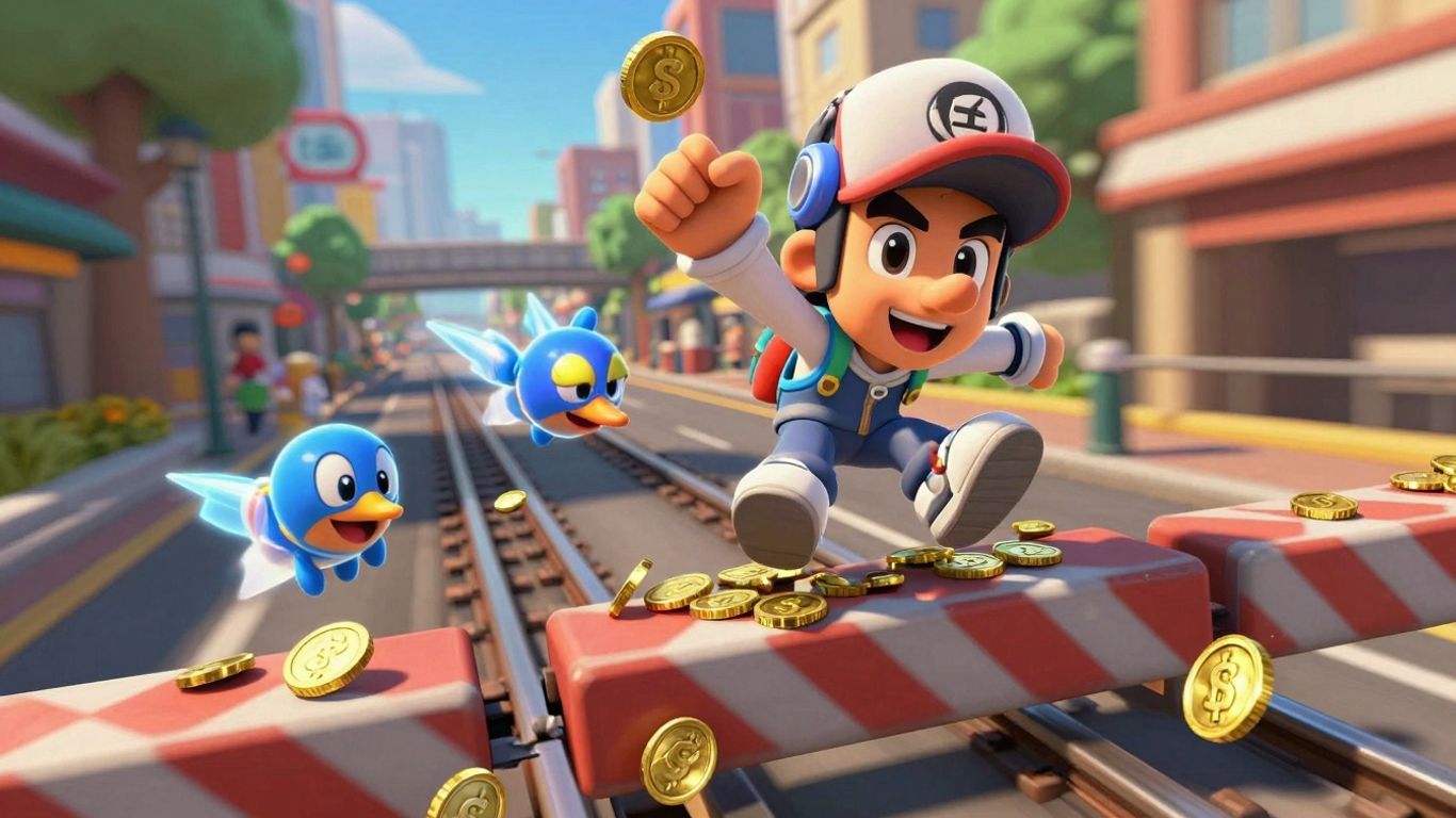 Subway Surfers character collecting power-ups and coins.