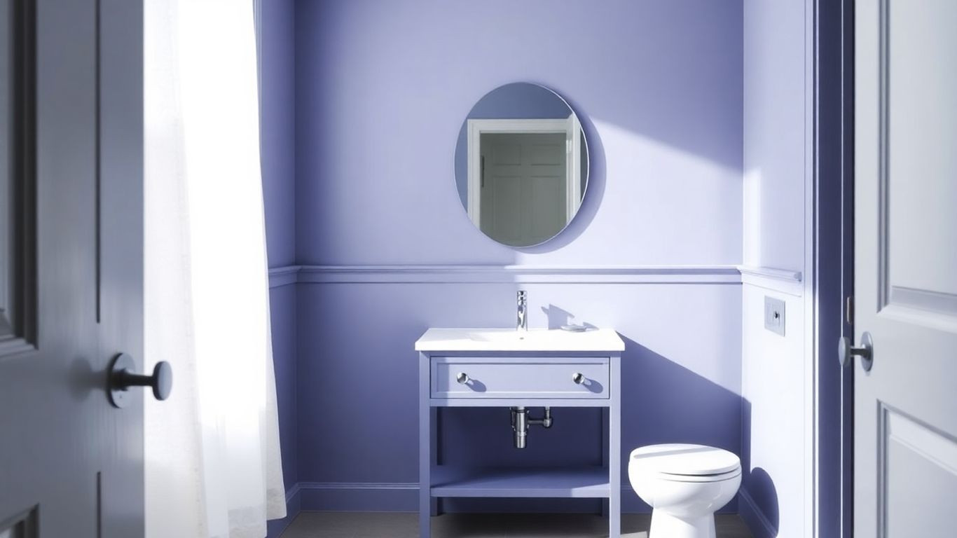 Periwinkle bathroom vanity and walls with white fixtures.