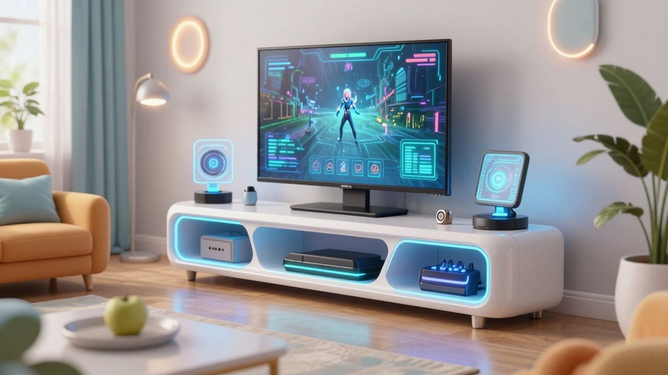 Futuristic entertainment unit in a stylish living room.