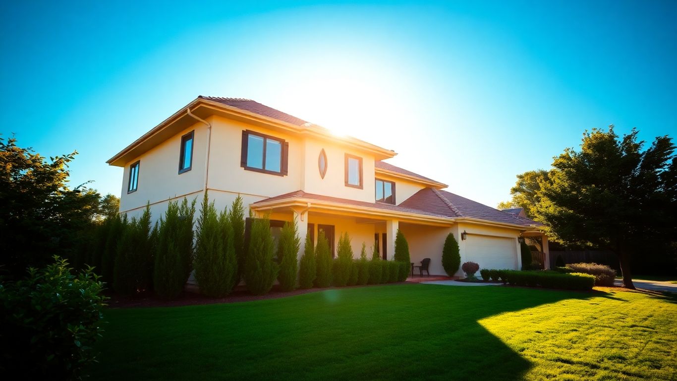Casa moderna con jardín y cielo azul.