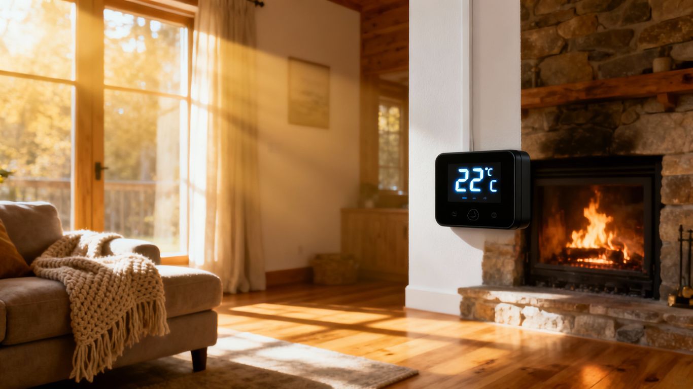 Modern thermostat on wall, cozy room, sunlight.