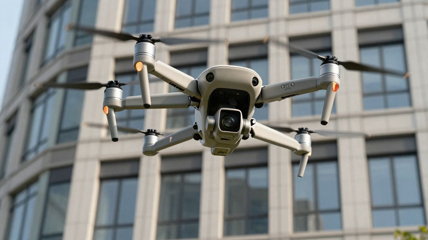 Drone inspecting a tall building from the air.