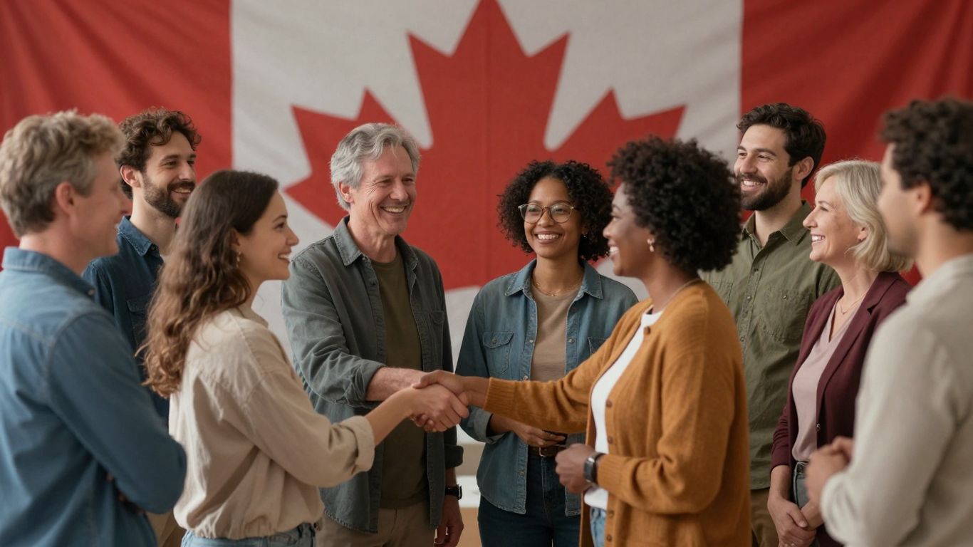 Diverse group celebrating successful immigration in Canada.