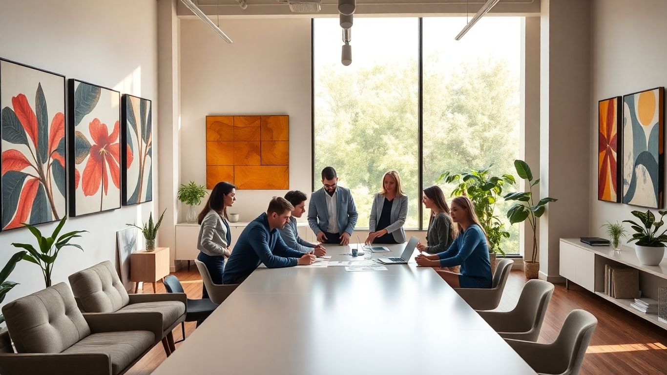 Modern office with creative professionals and contemporary art