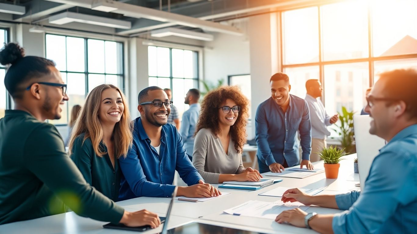 People working in a bright, modern office.