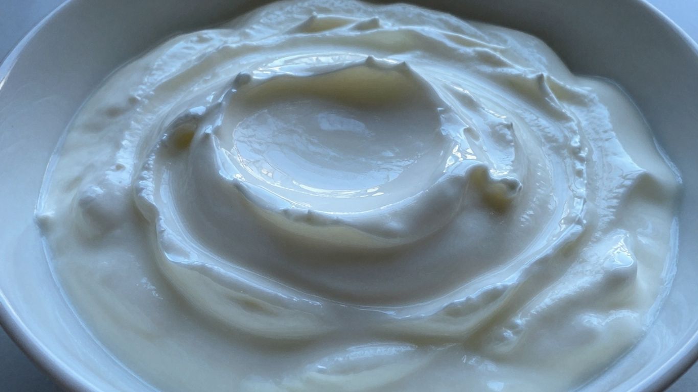 Bowl of thick, creamy homemade plain Greek yogurt.