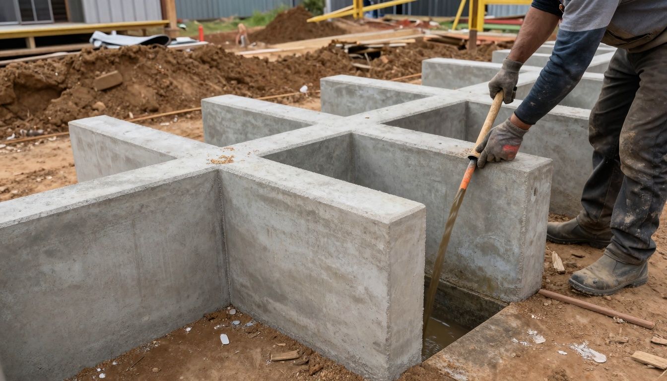 Installation of boxed (cast in situ) concrete drainage channel on Australian construction site, traditional formwork and manual pouring