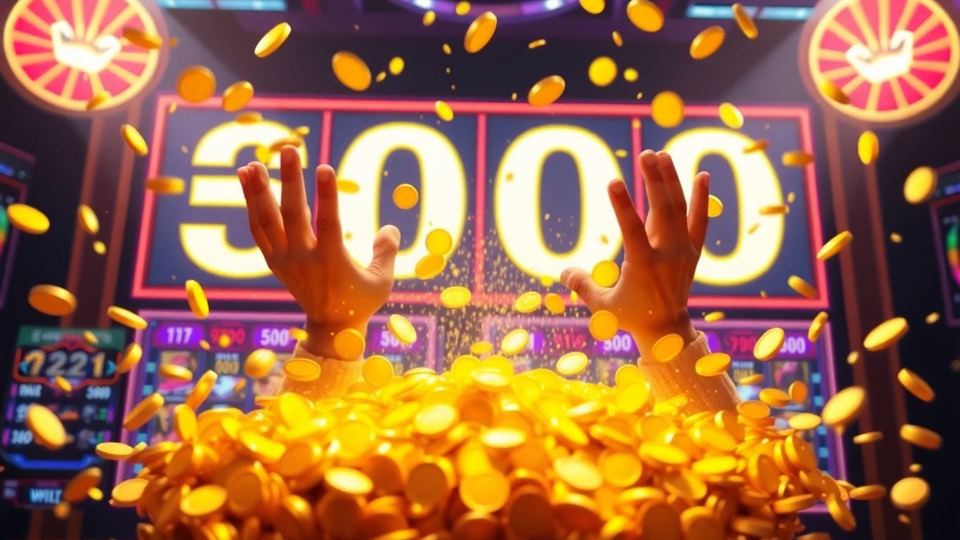 Giant jackpot number with overflowing coins and celebratory atmosphere.
