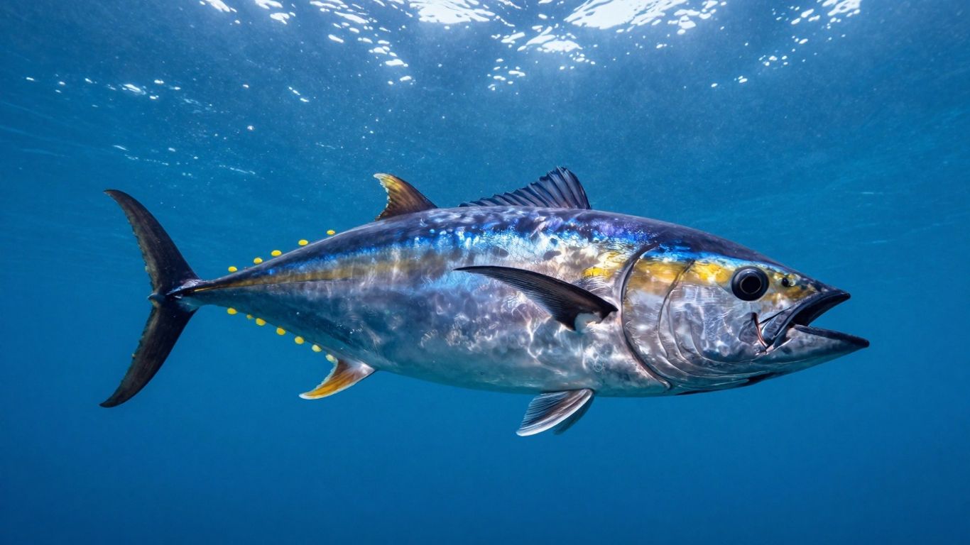 Atum nadando em águas azuis profundas.