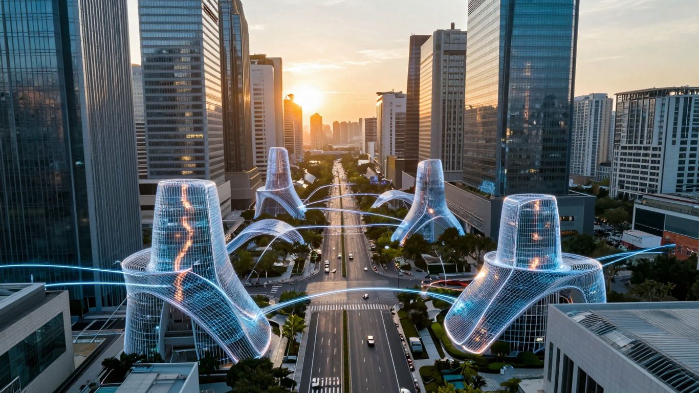 Modern cityscape with digital pathways connecting buildings at dawn.