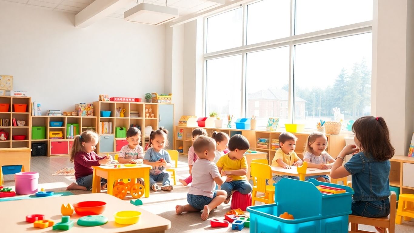 Copii fericiți la grădiniță, jucându-se și învățând.