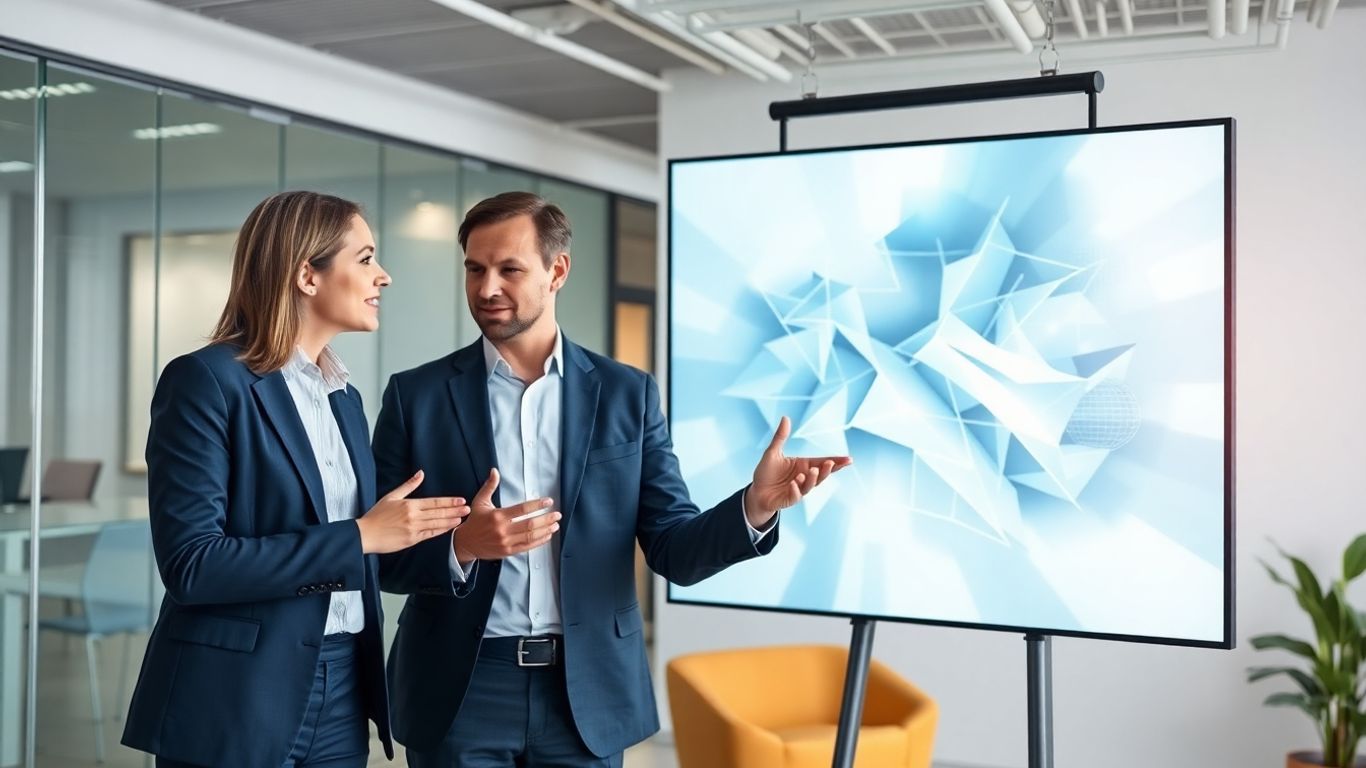 Zwei Berater diskutieren in einem modernen Büro.