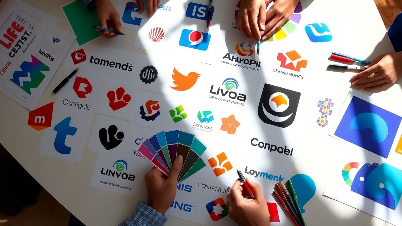 Colorful corporate logos and designers’ tools on table