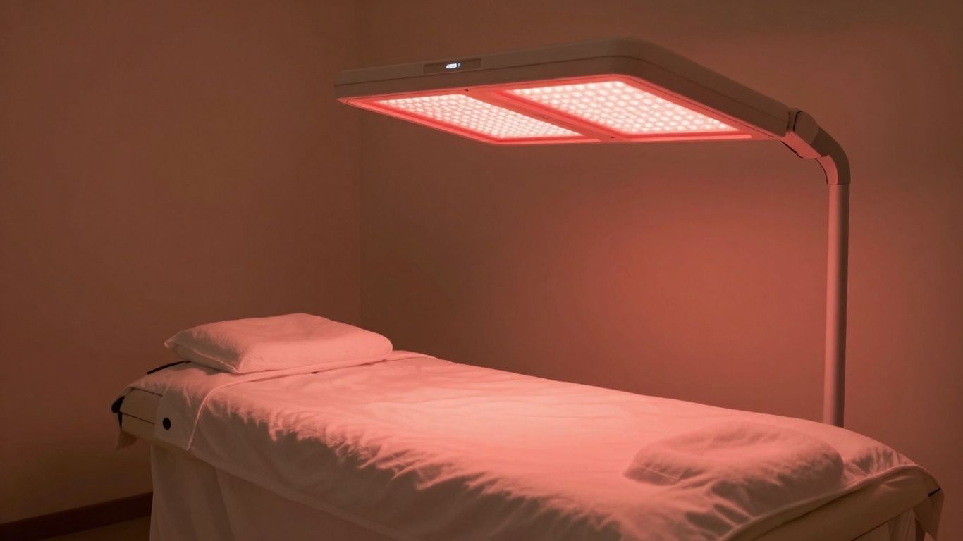 Red light therapy treatment room with glowing panels.
