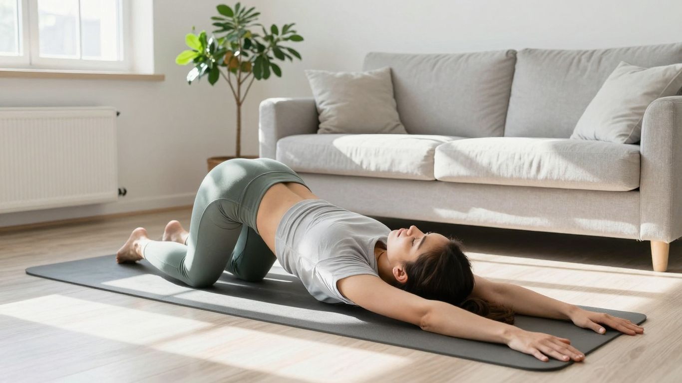 Beginner doing a gentle yoga stretch at home.
