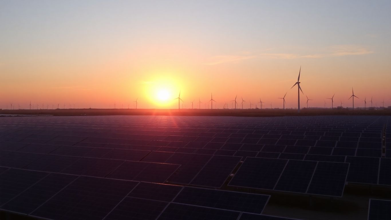 Solar panels and wind turbines at sunset.
