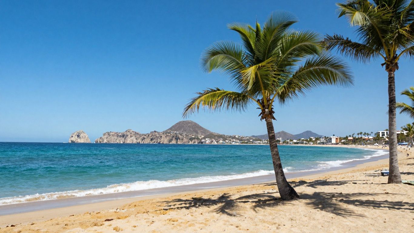 Cabo beach with turquoise water and palm trees.
