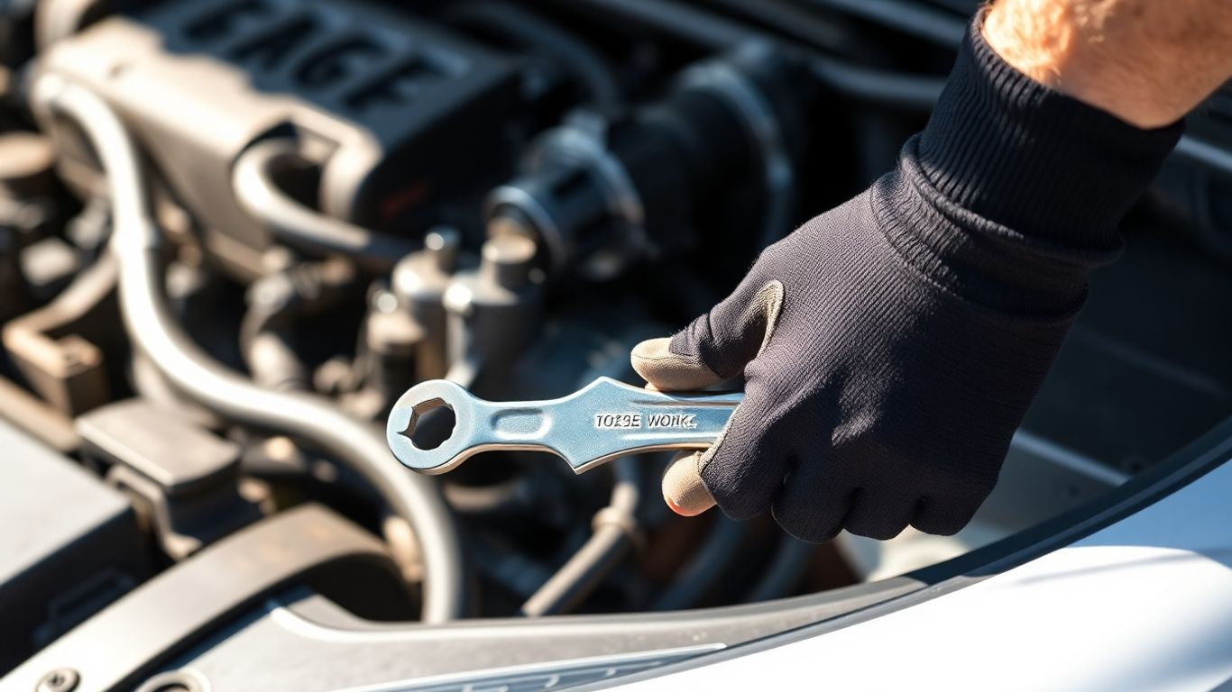 Mechanic's hands with wrench near car engine.