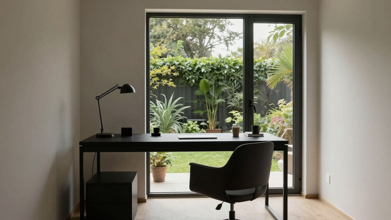A tidy, bright home office with plants and a garden view.