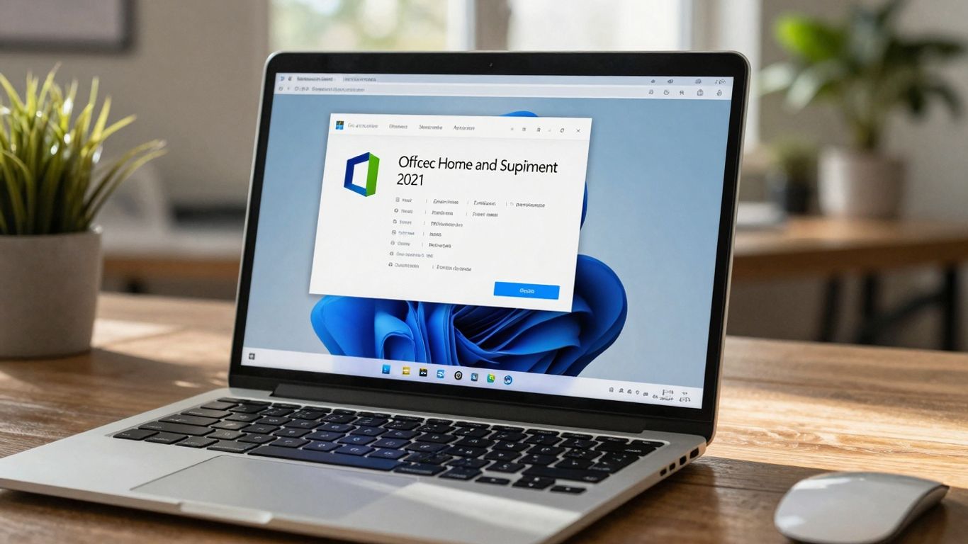 Llave de Office Home and Student 2021 en pantalla de portátil.