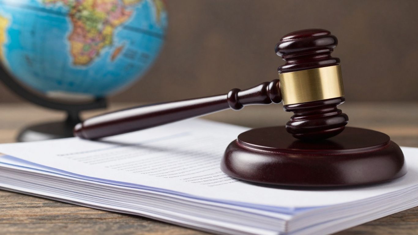 Gavel on legal documents with a globe background.