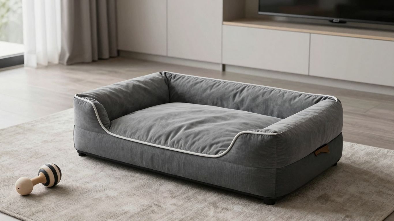Modern pet bed and toy, emphasizing design over price.