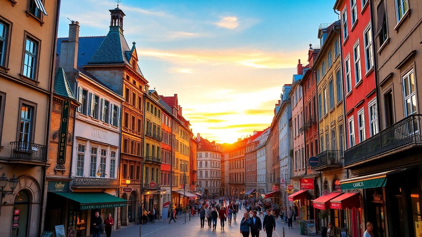 European city skyline with historic architecture and street life.