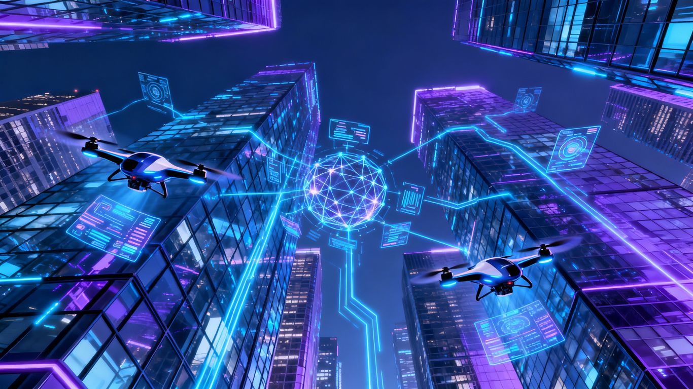 Futuristic cityscape with data streams and drones.