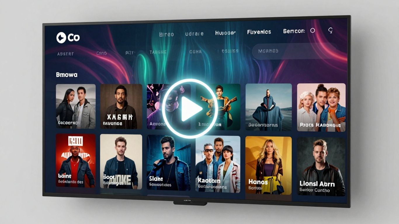 IPTV Smarters Pro interface with content grid and play button.