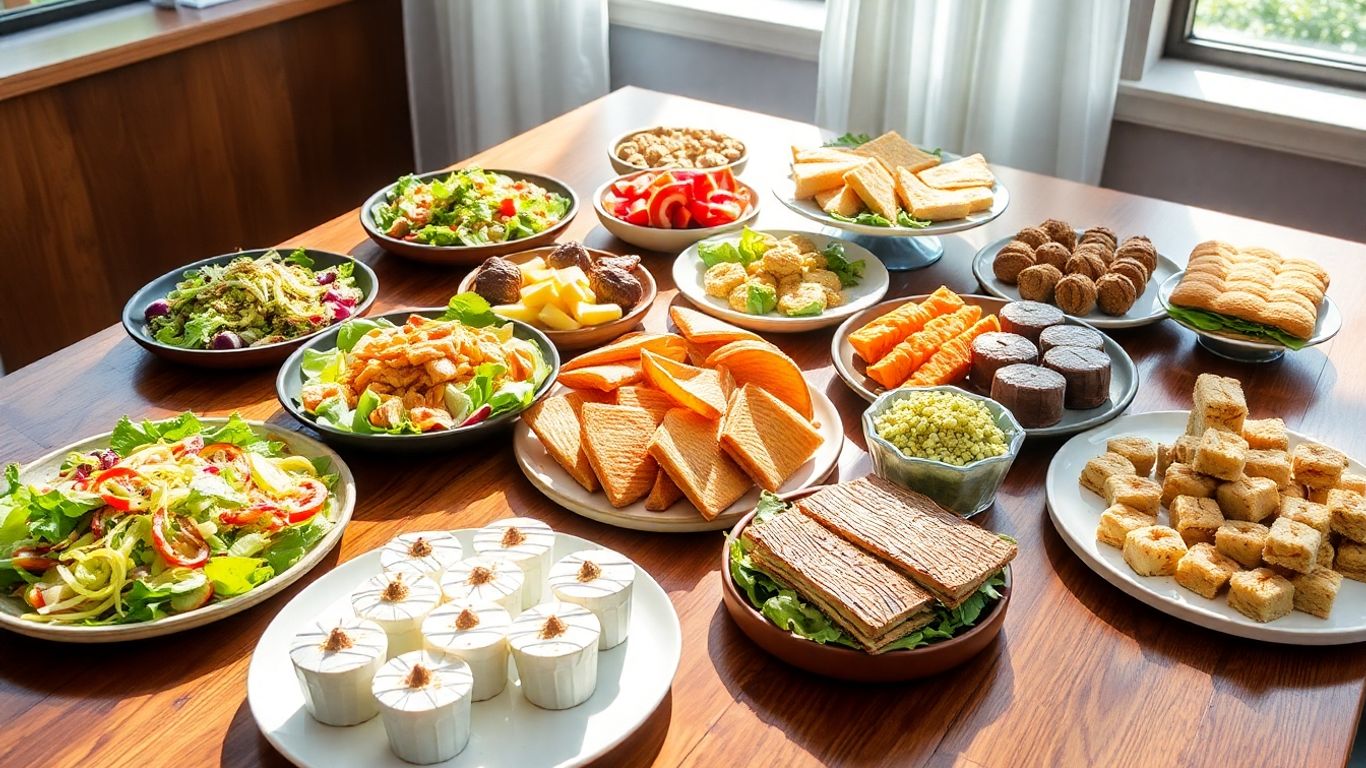 Office catering platters with sandwiches, salads, and desserts.