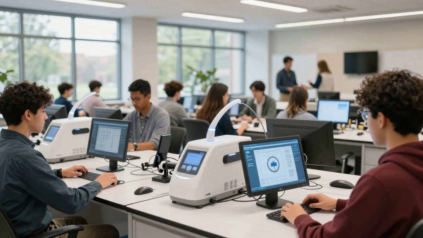 Students using digital health technology in a Canadian university lab.