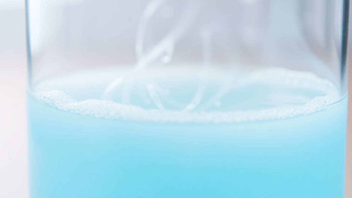 Bouteille en verre avec liquide bleu bouillonnant