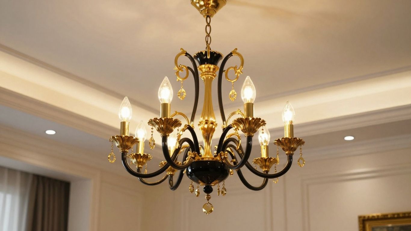Elegant black and gold chandelier in a stylish room.