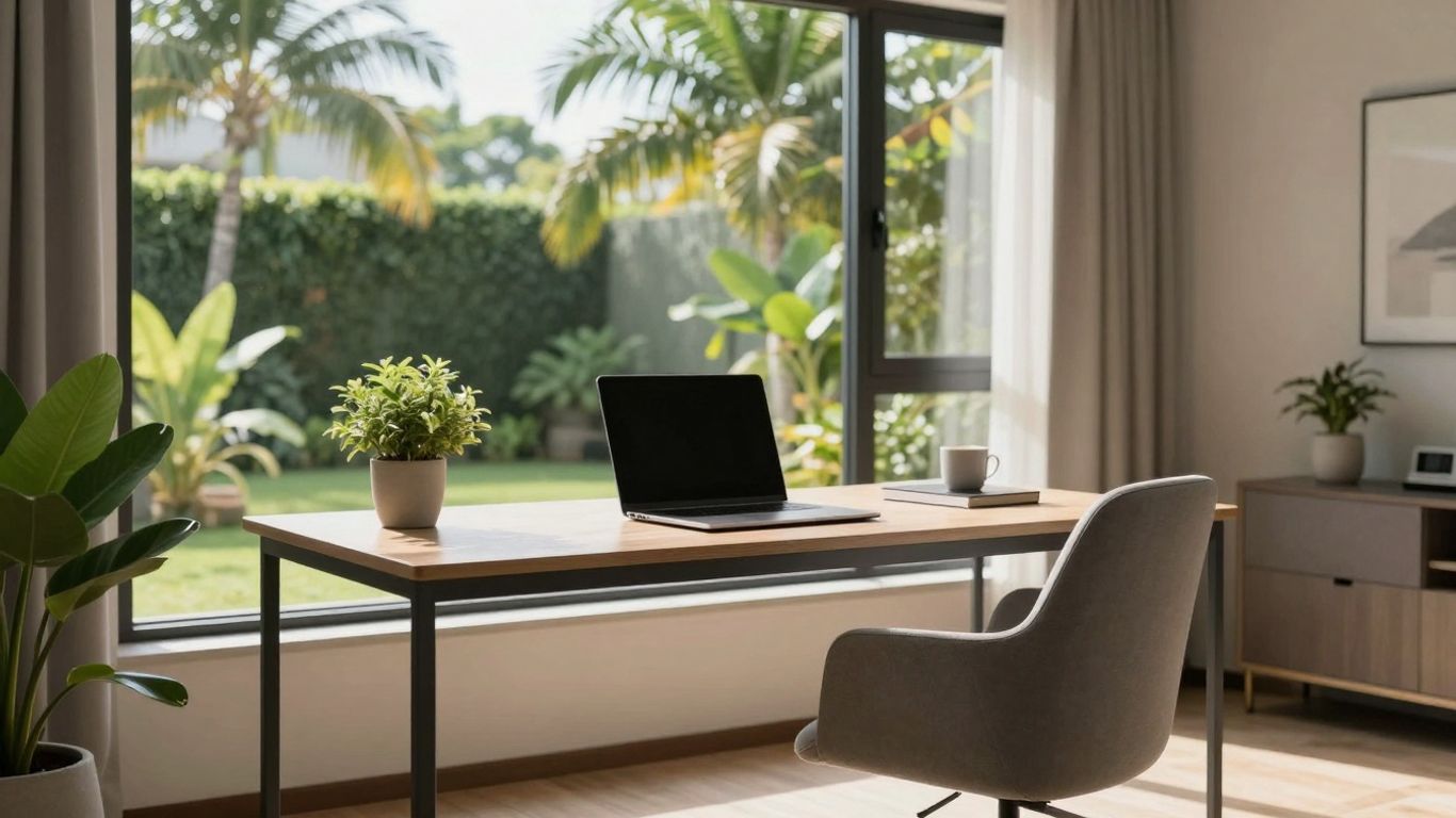 Modern home office with tropical garden view.