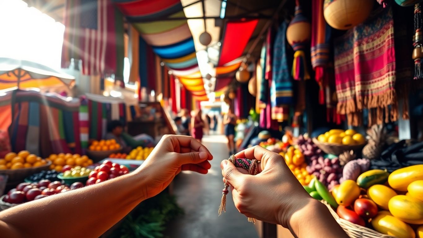 Latin American market with colorful goods and hands inspecting item.