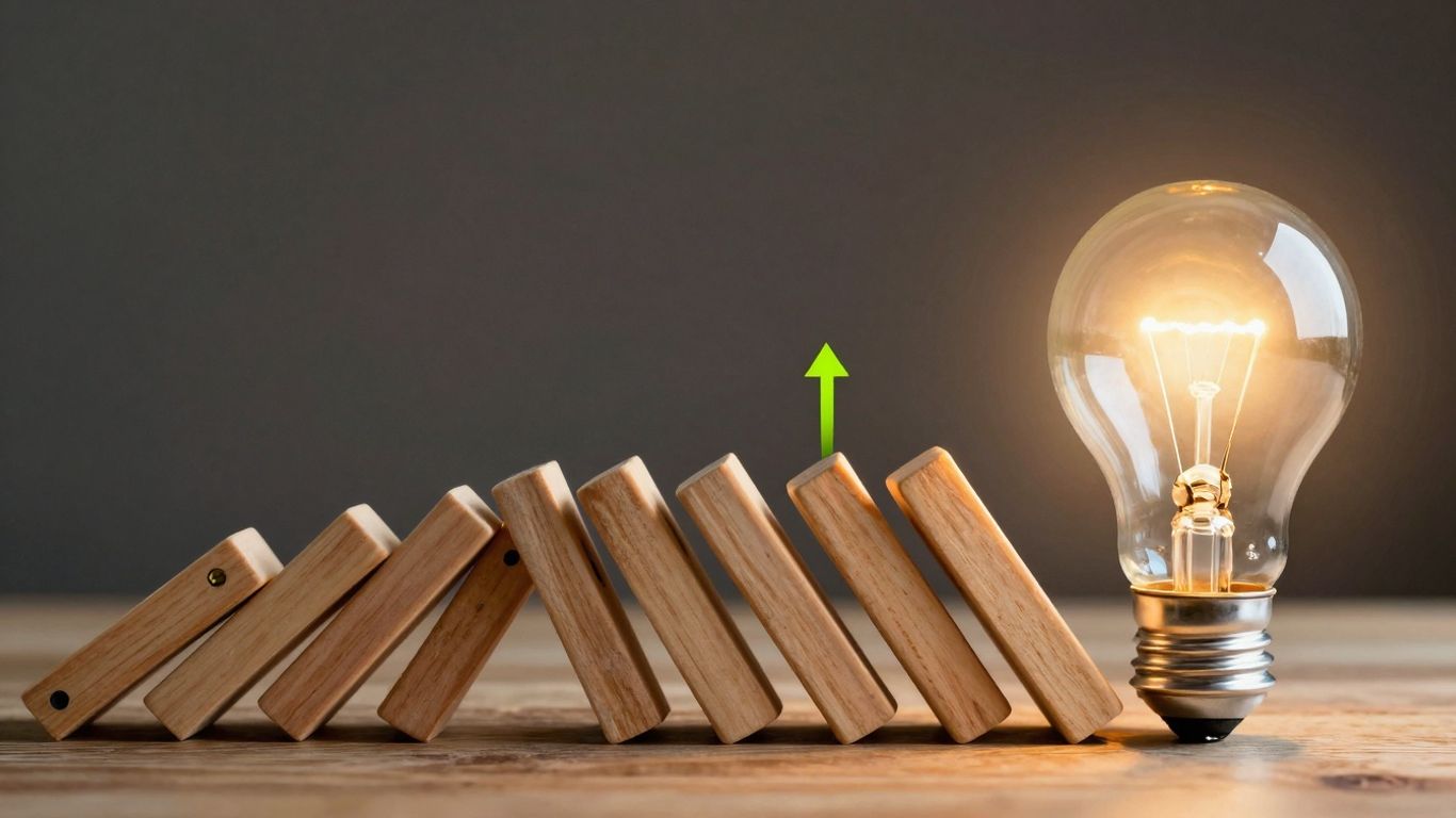 Falling dominoes leading to a bright idea.