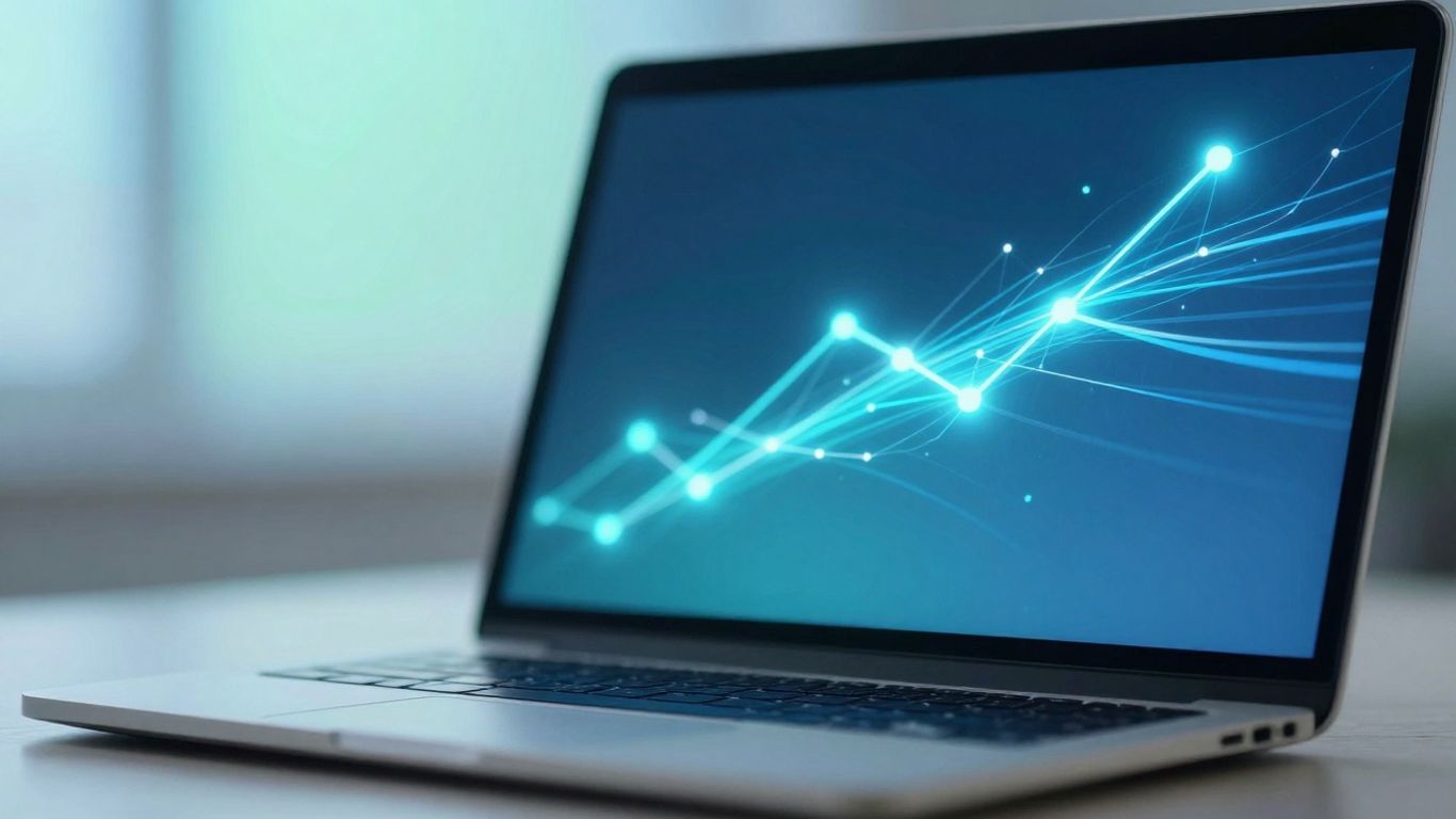 Abstract data flow on a laptop screen.
