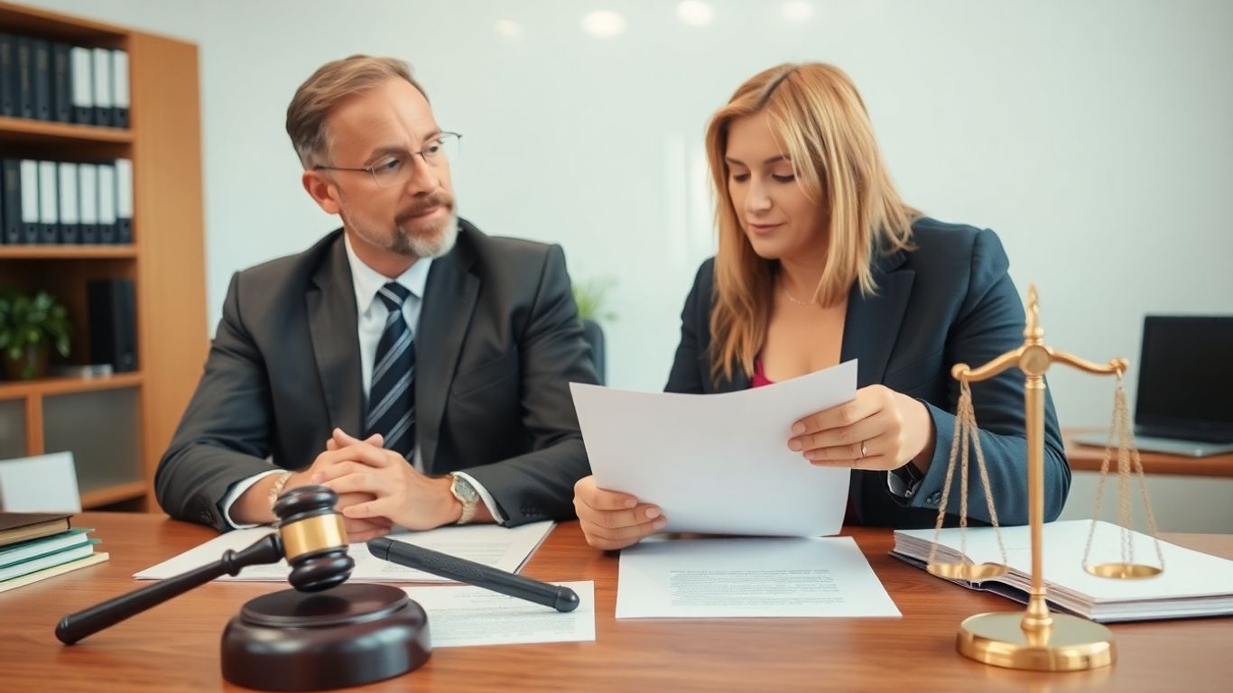 Lawyer and client discuss documents in office