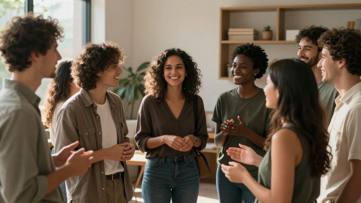 Oameni din medii diferite interacționând fericiți.