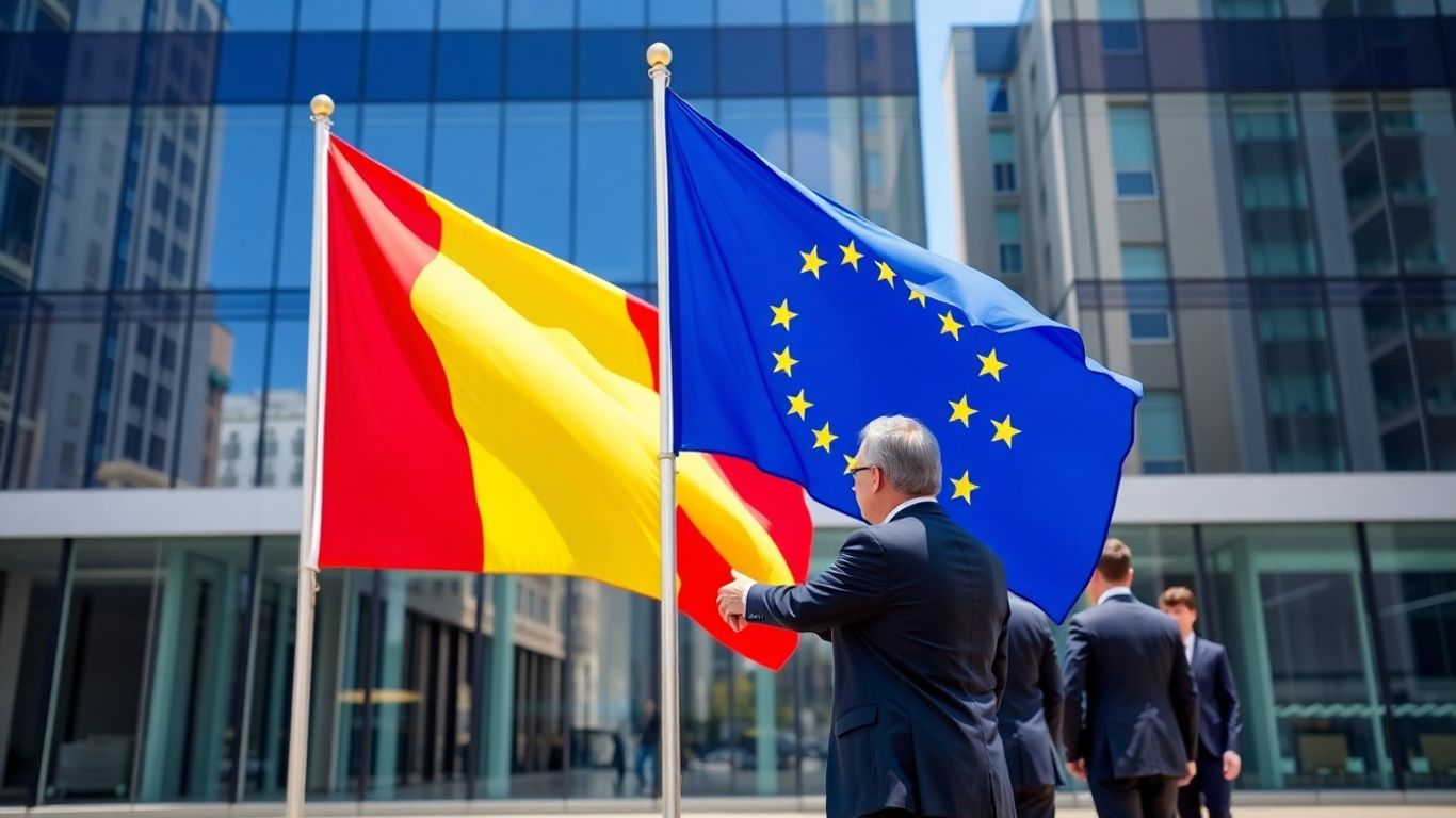 Steaguri UE și România lângă oameni de afaceri urbani.