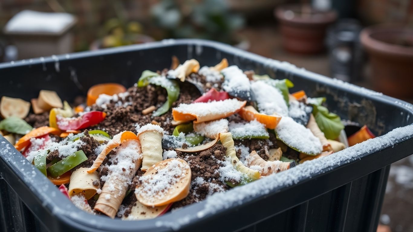 Kompostbehälter mit winterlichen Küchenabfällen im Stadtgarten