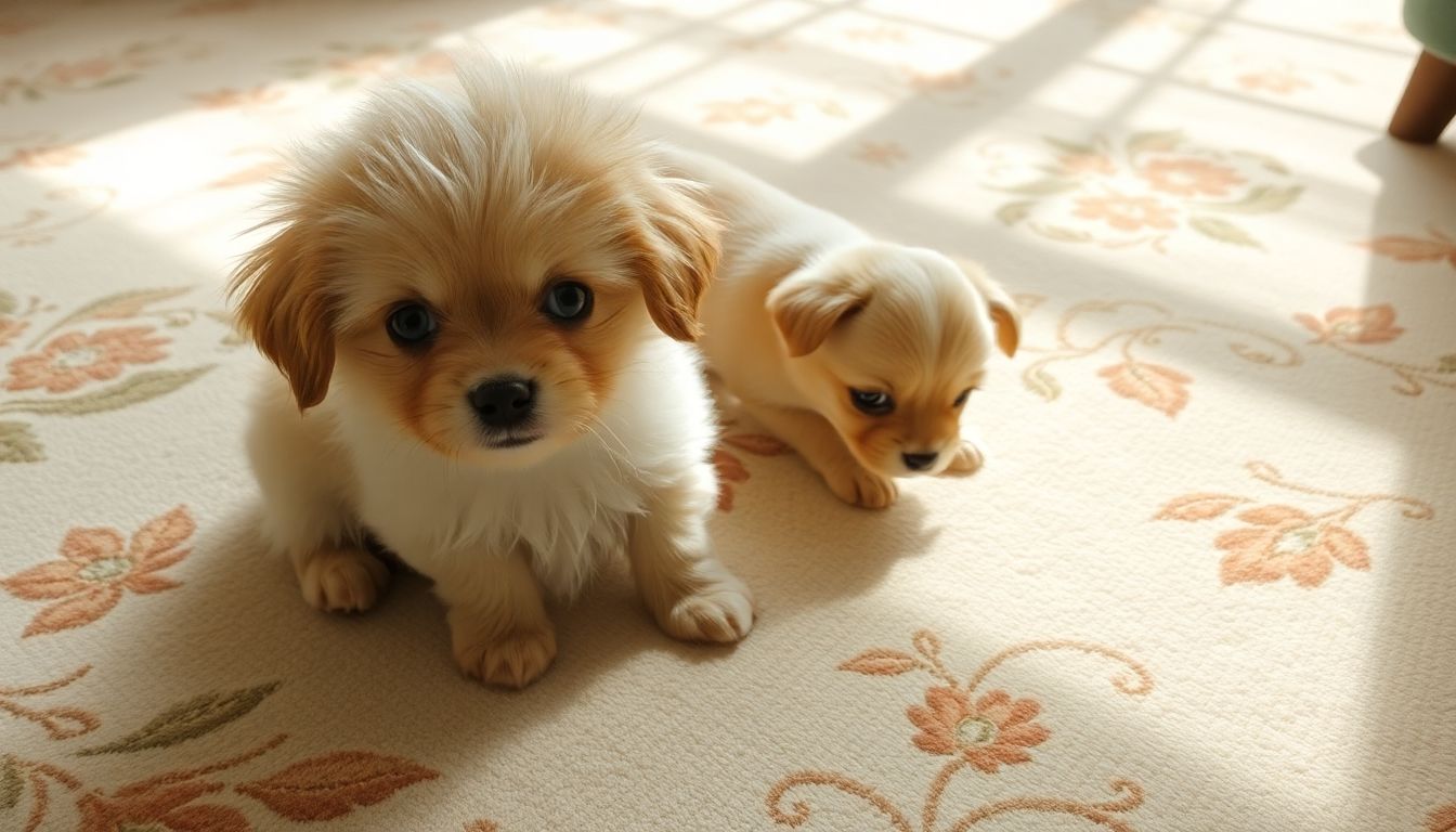 Puppies playing on a dainty floral carpet.
