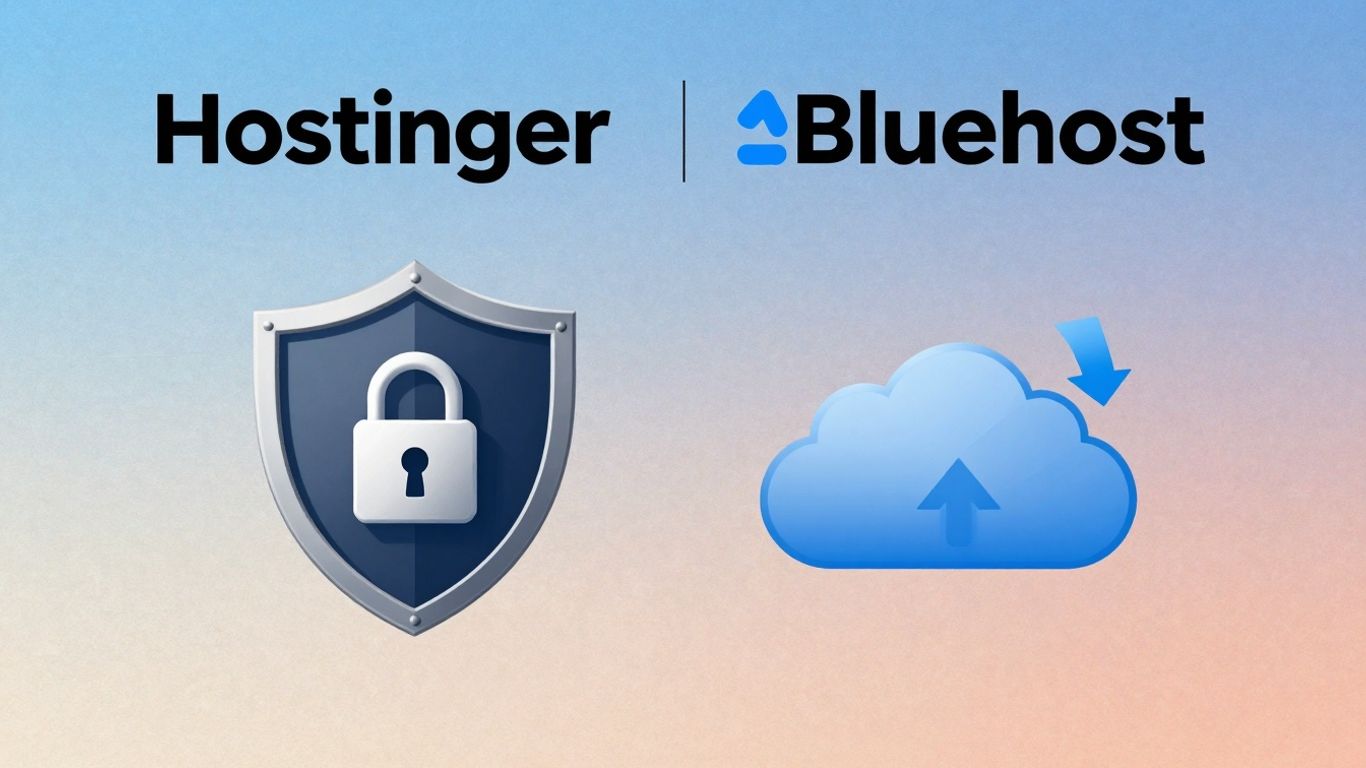 Hostinger vs Bluehost security and backup comparison image.