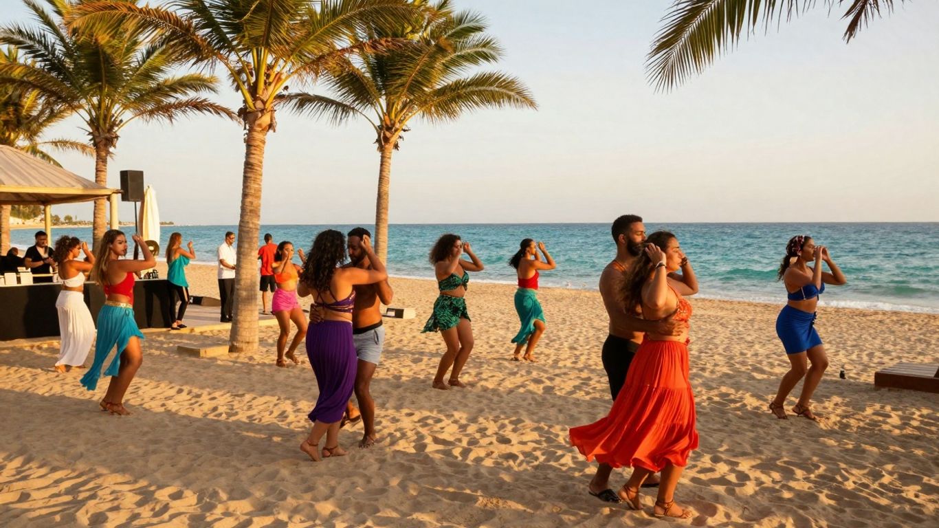 Mensen dansen salsa op het strand bij zonsondergang.
