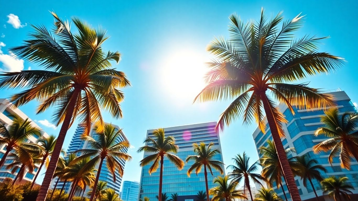 Boca Raton skyline with palm trees and blue sky.