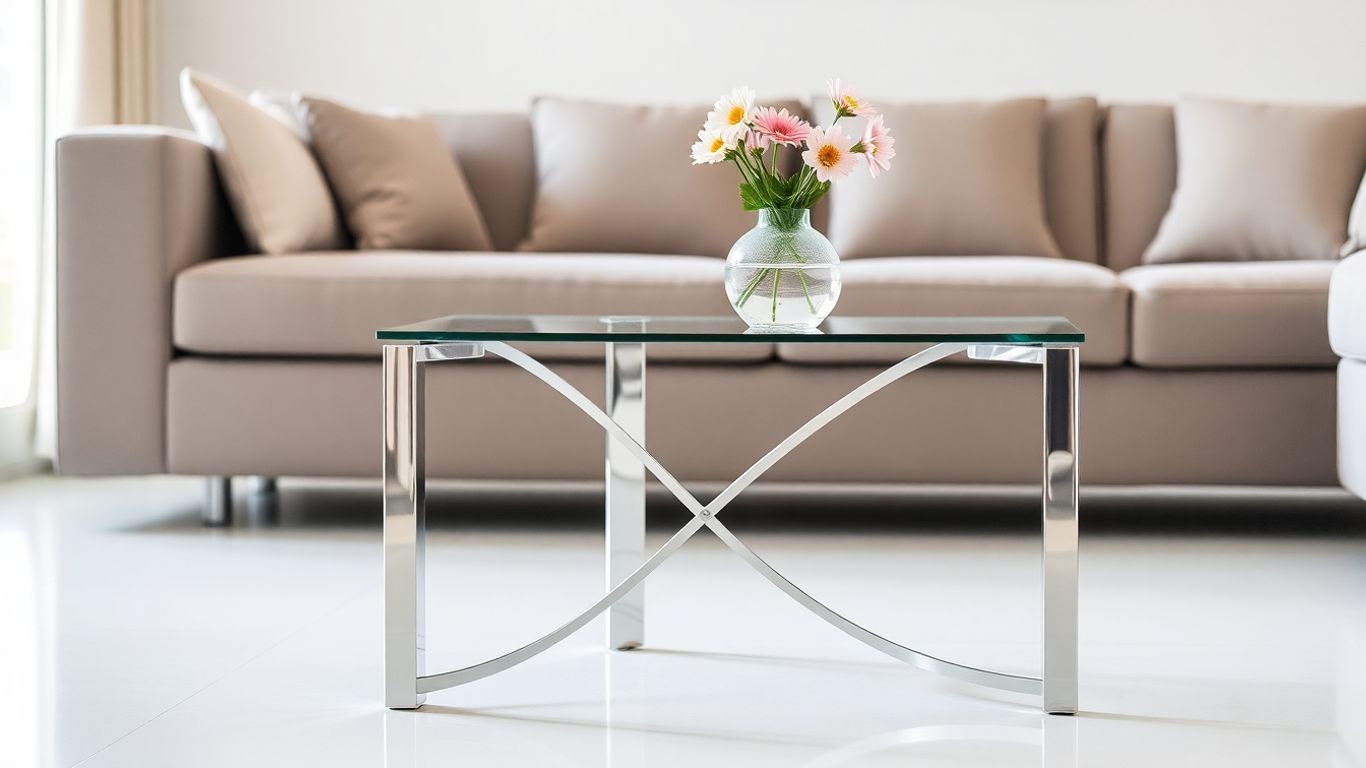 Modern glass end table in a stylish living room setting.