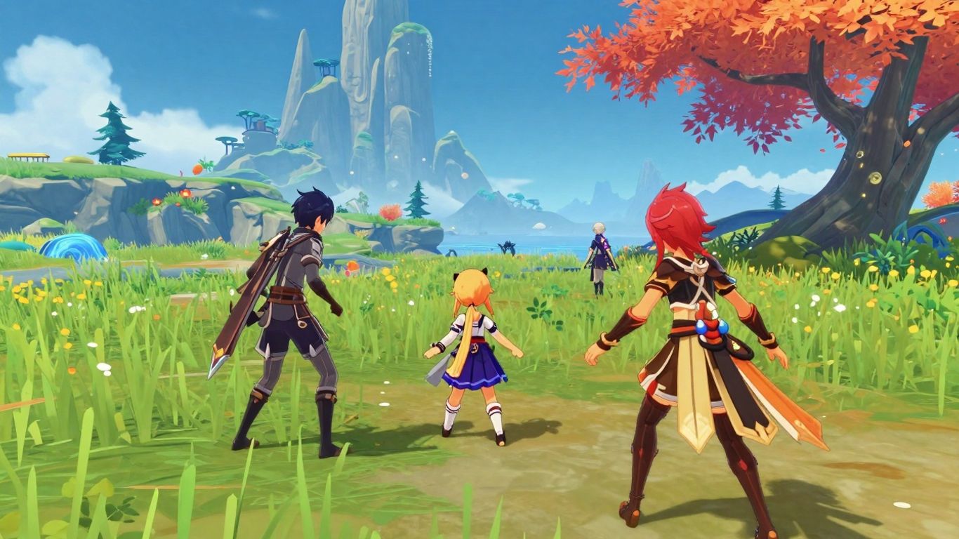 Wuthering Waves game art with dynamic characters and fantasy landscape.